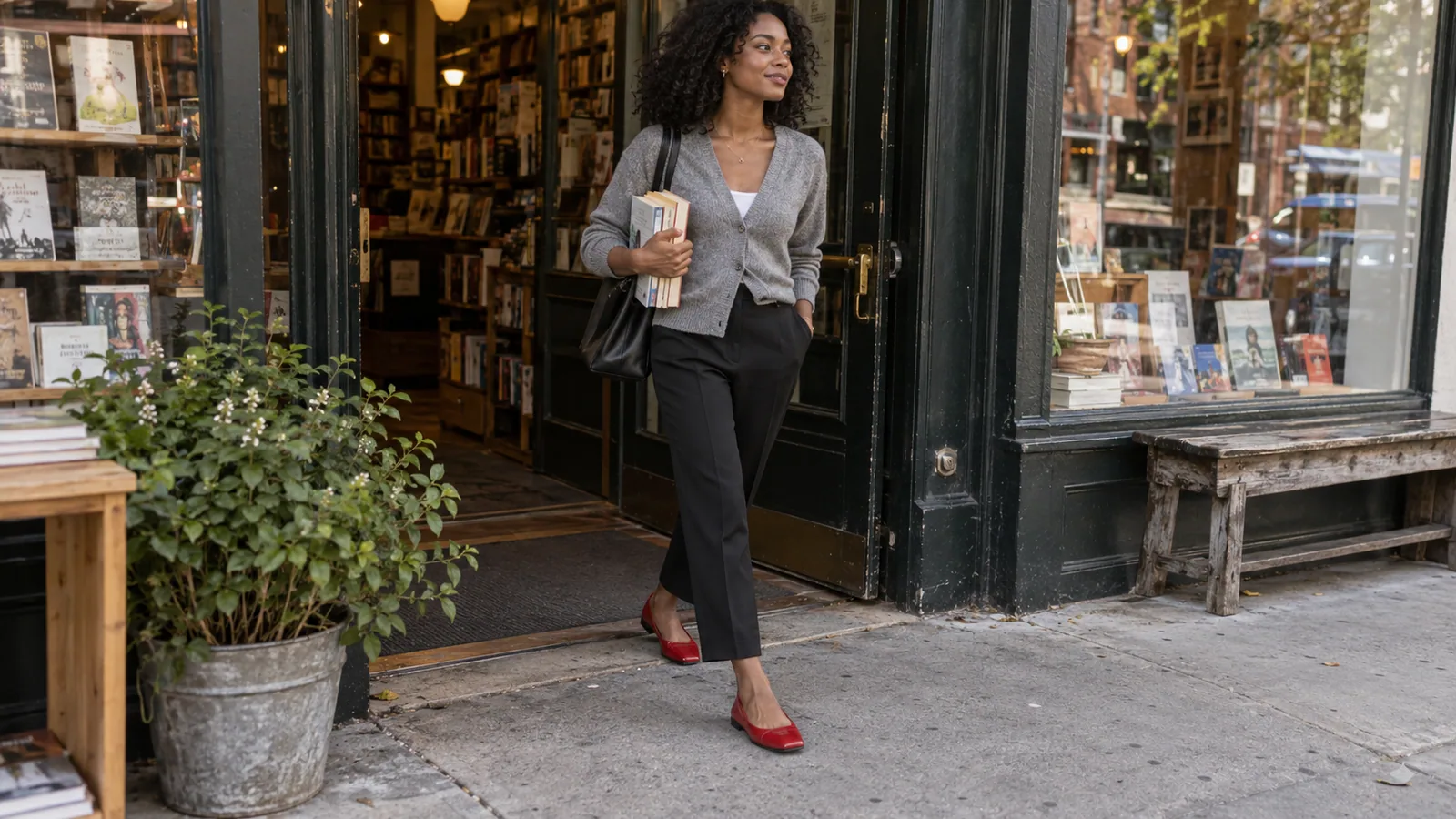 Woman in modern ballet flats and cropped trousers outside a bookstore