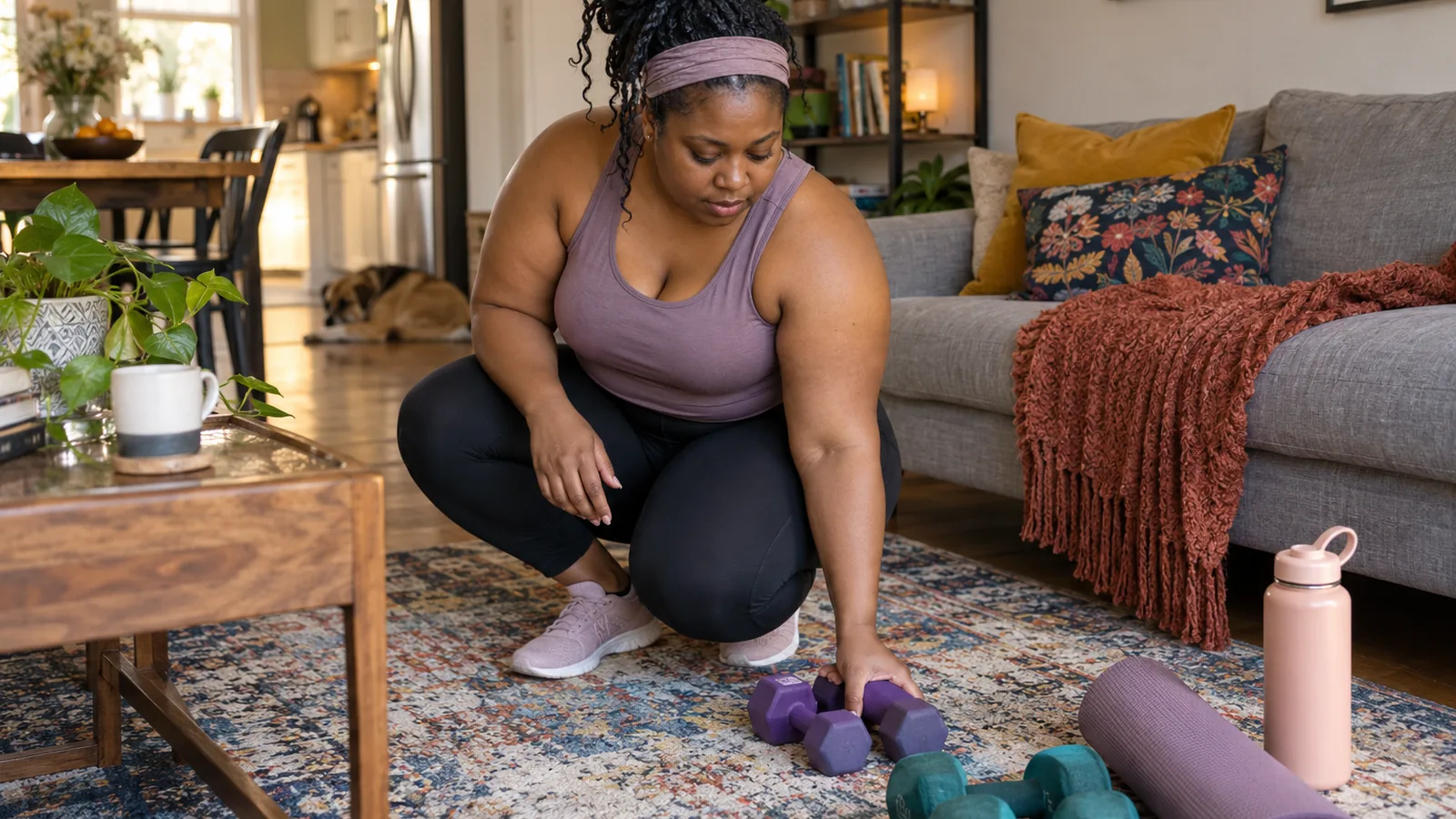 Woman setting up light dumbbells beside a sofa for a home workout