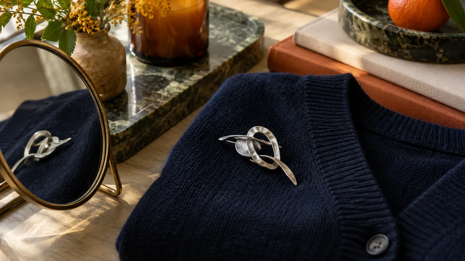 Silver brooch pinned to a folded navy cardigan