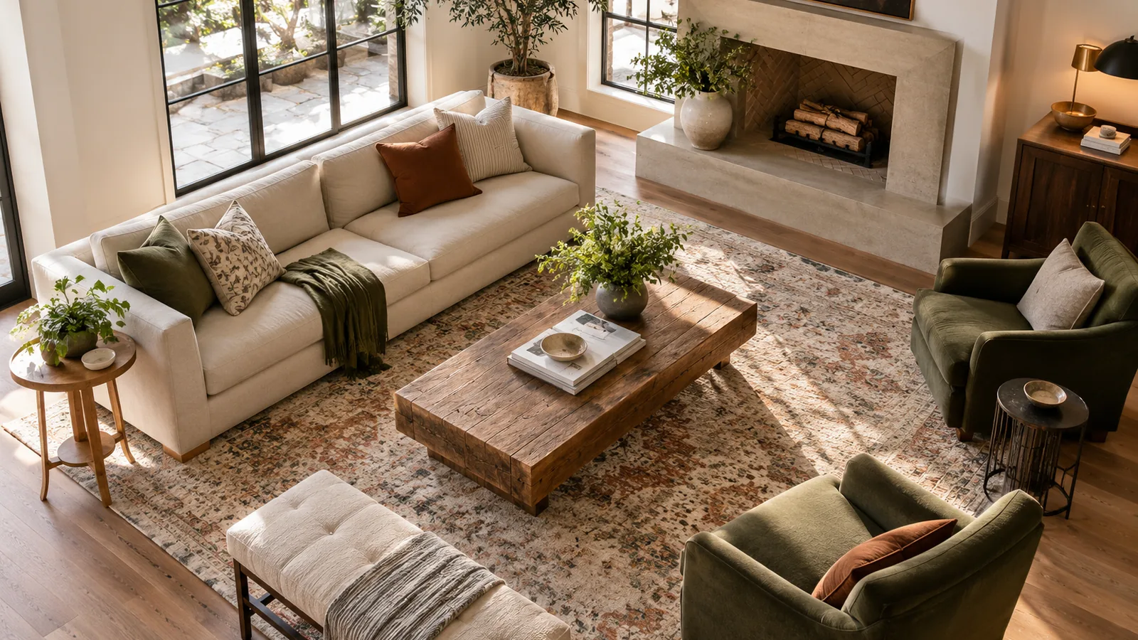 High-angle view of a living room rug connecting sofa and chairs