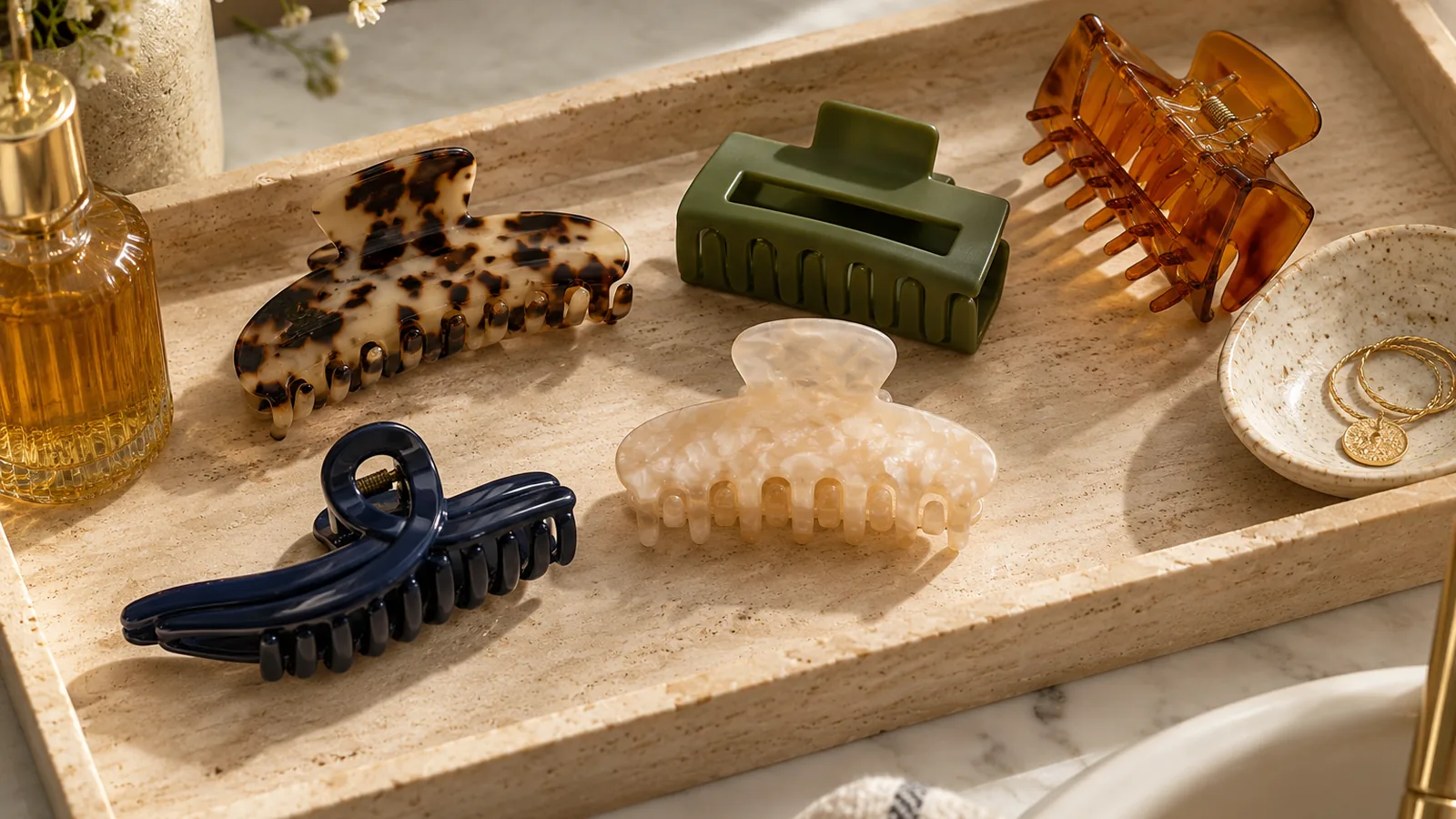 Hair claw clips viewed from several angles on a bathroom tray