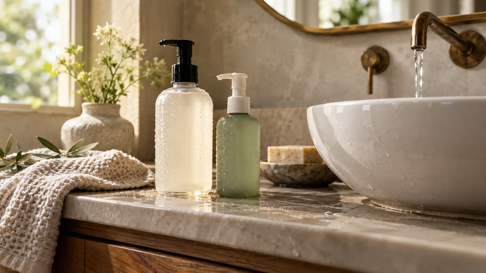 Gentle cleanser bottles beside a ceramic sink and folded washcloth