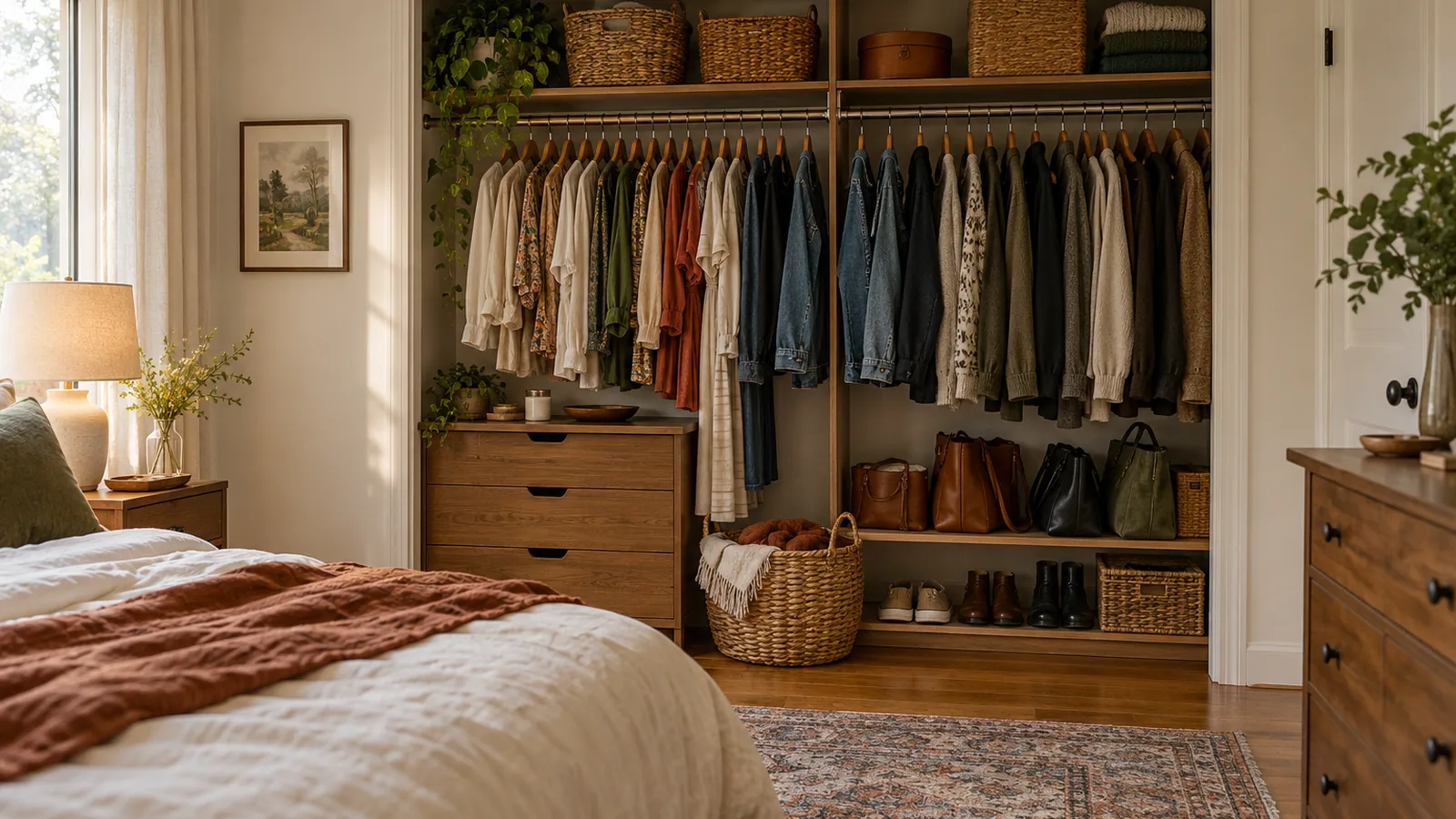 Practical organized bedroom closet with open rail space and storage baskets
