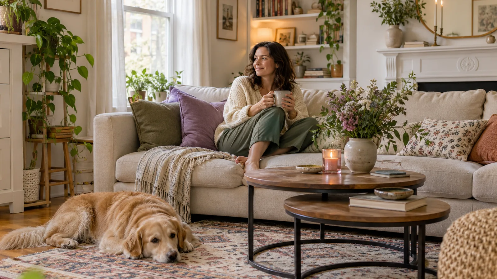 Nested coffee tables in a cozy compact living room