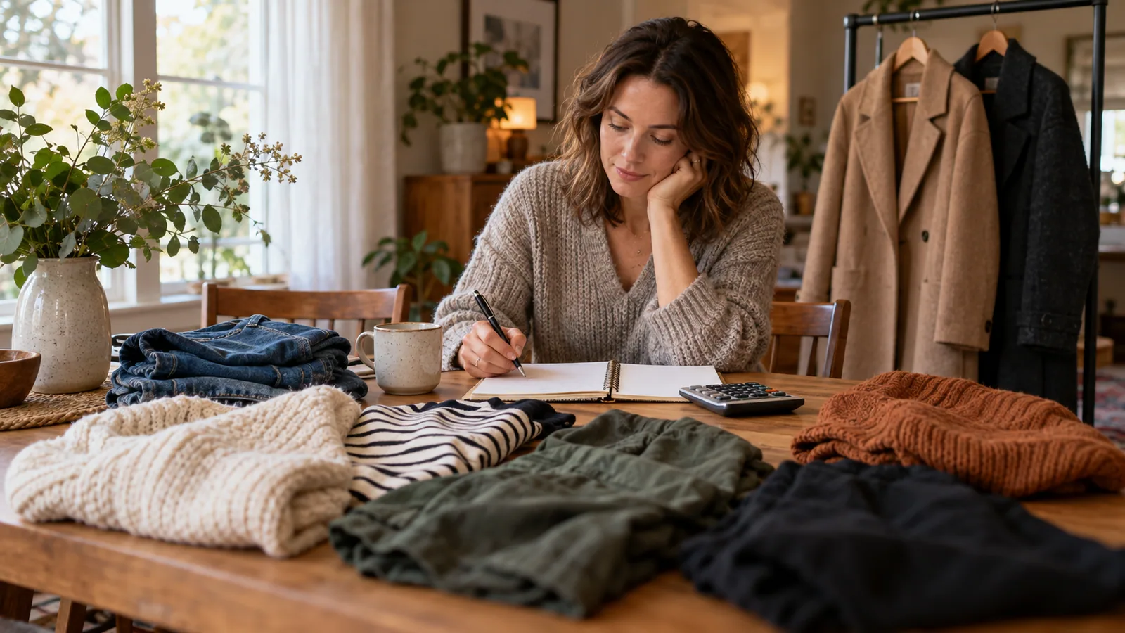 Woman reviewing wardrobe notes and favorite clothes at a dining table