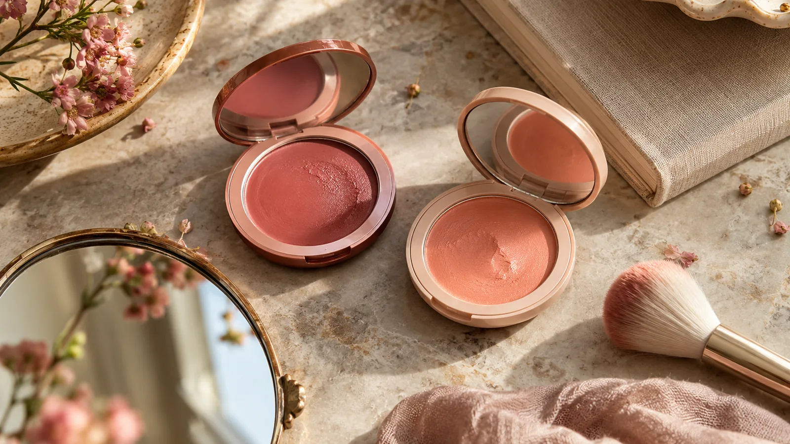 Open rose and peach cream blush compacts beside a small mirror