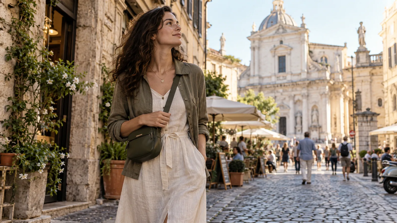 Traveler wearing a compact crossbody bag while exploring a European street