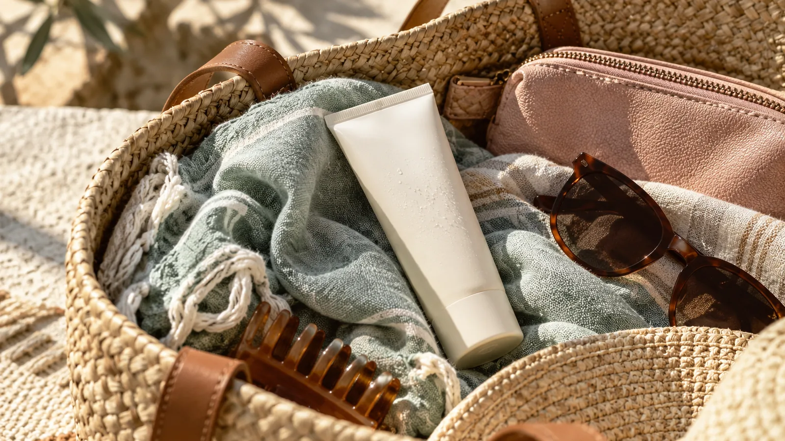 Facial sunscreen tube with sunglasses and a makeup pouch in a sunlit tote