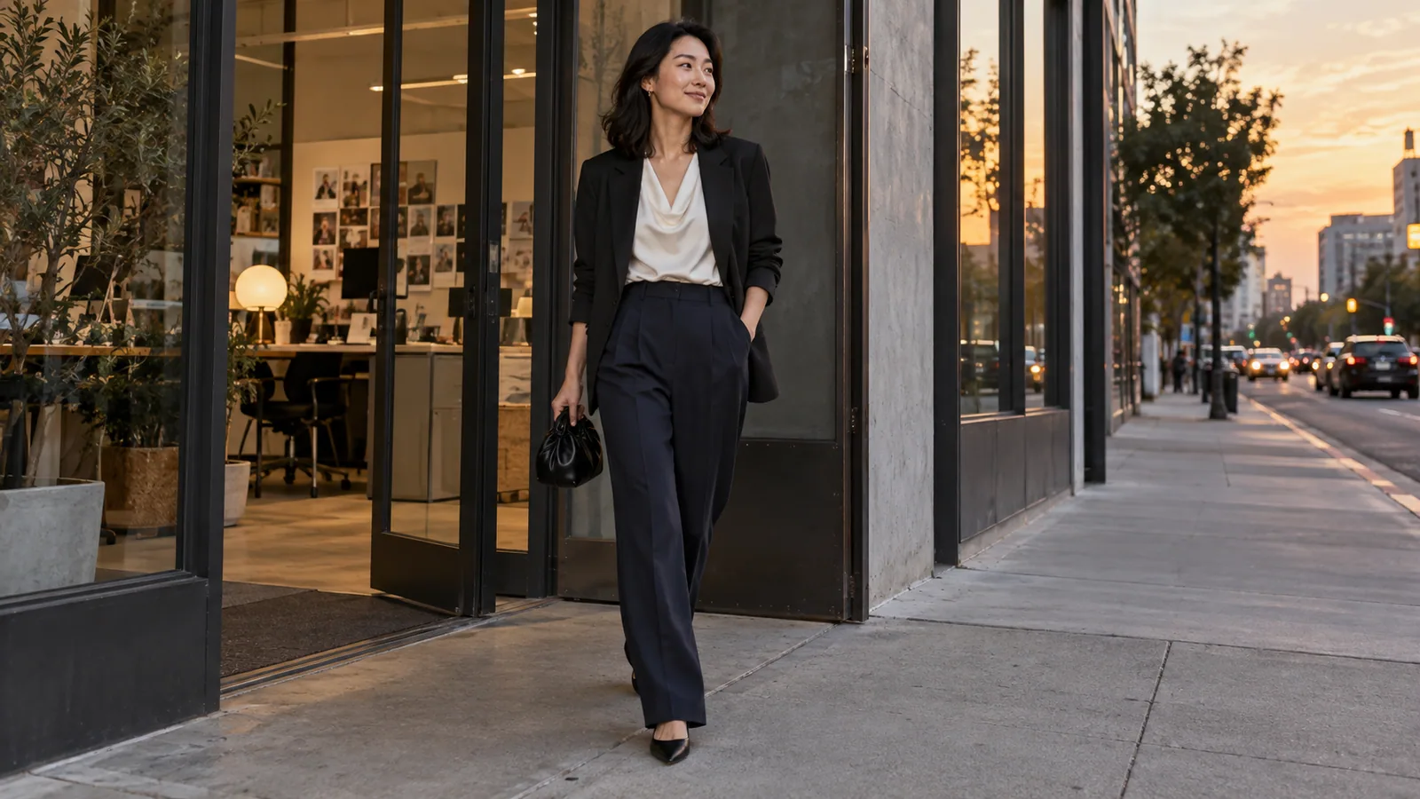 Woman in a blazer and silk top leaving an office for dinner at dusk