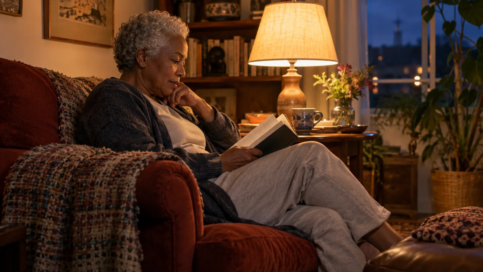 Older woman with short silver hair reading beneath a warm lamp