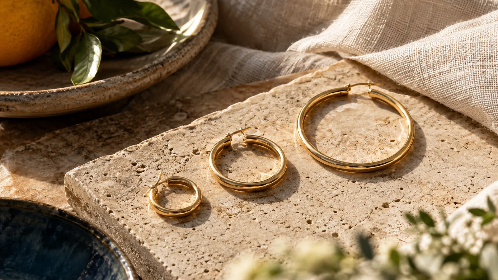 Three sizes of gold hoop earrings arranged on stone and linen