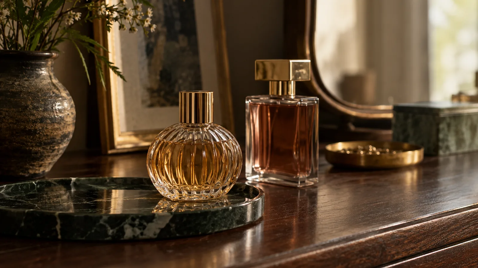 Two differently shaped perfume bottles on a dark wood dresser