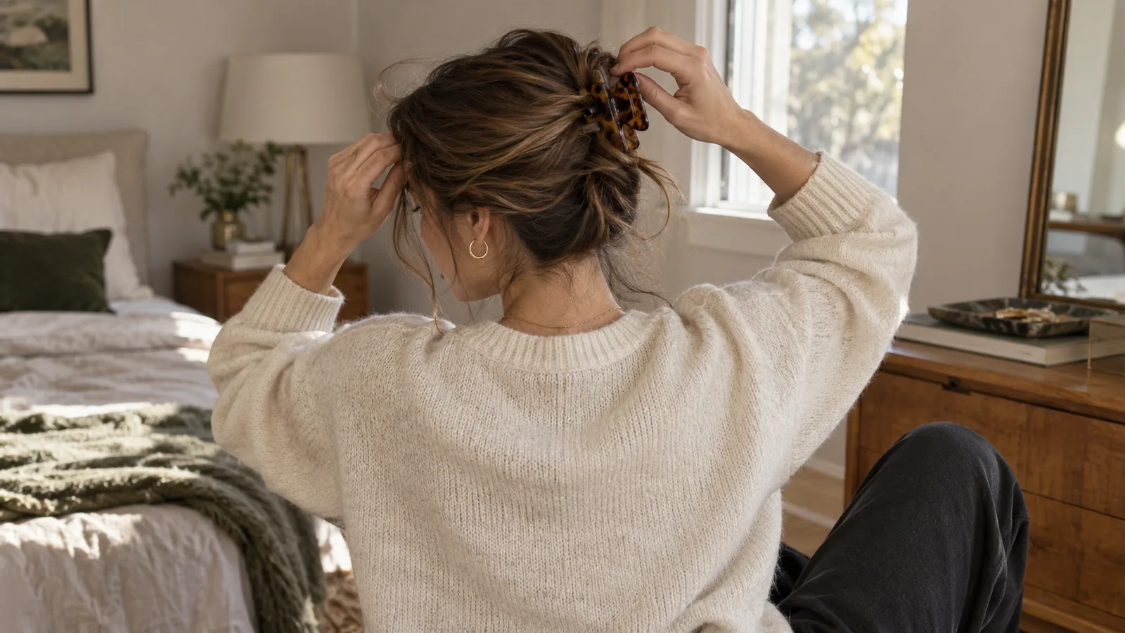 Woman securing a relaxed twist with a polished hair clip at home