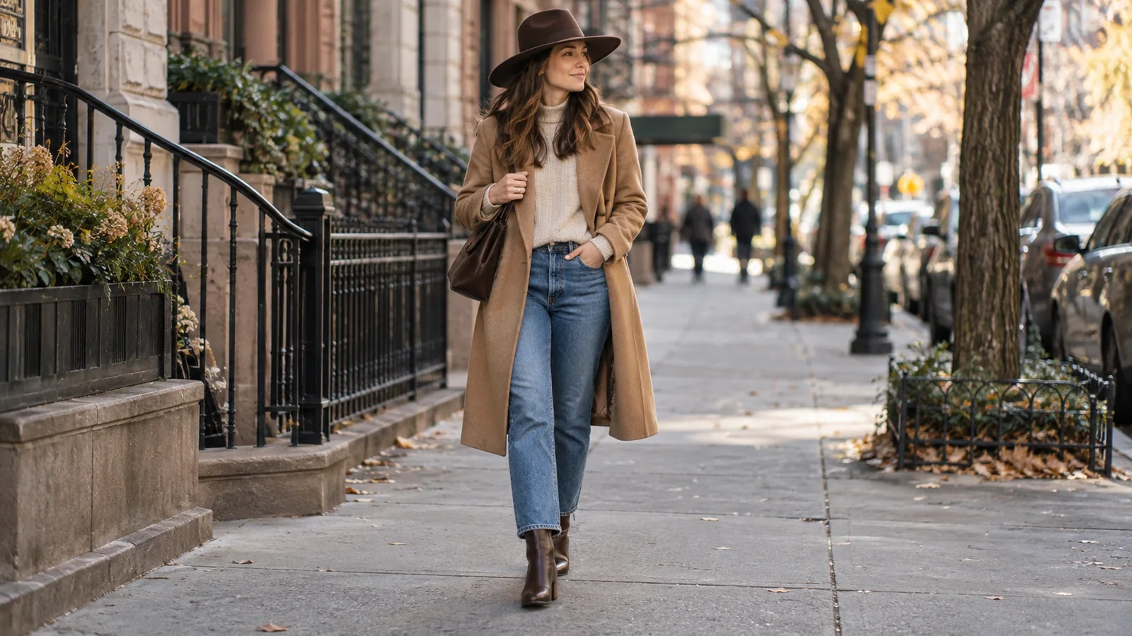 Woman wearing a structured wool hat and long coat on a cool city day