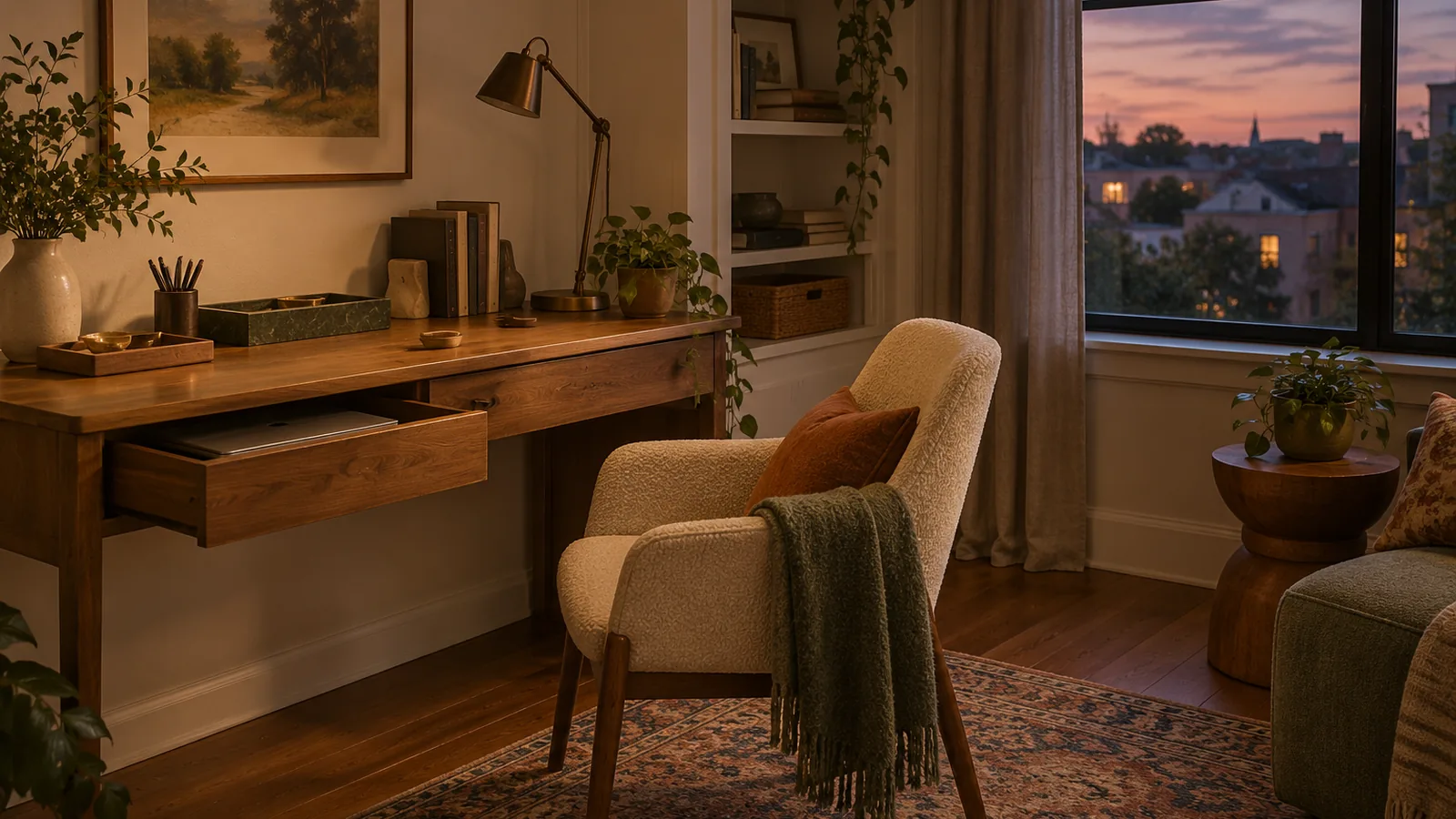 Compact home office at dusk with closed laptop and chair turned away