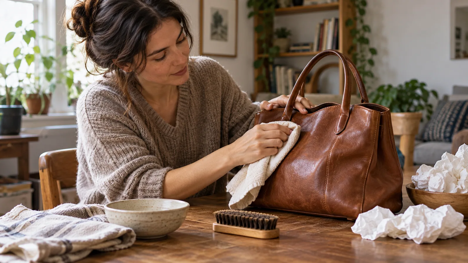 Person cleaning and reshaping a leather handbag at a home table