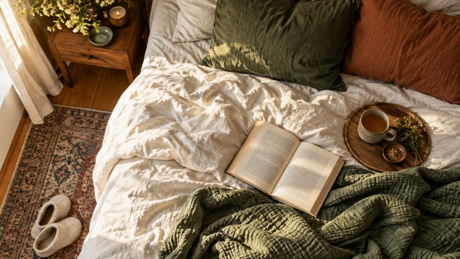 Overhead view of relaxed linen bedding with a book and morning tea