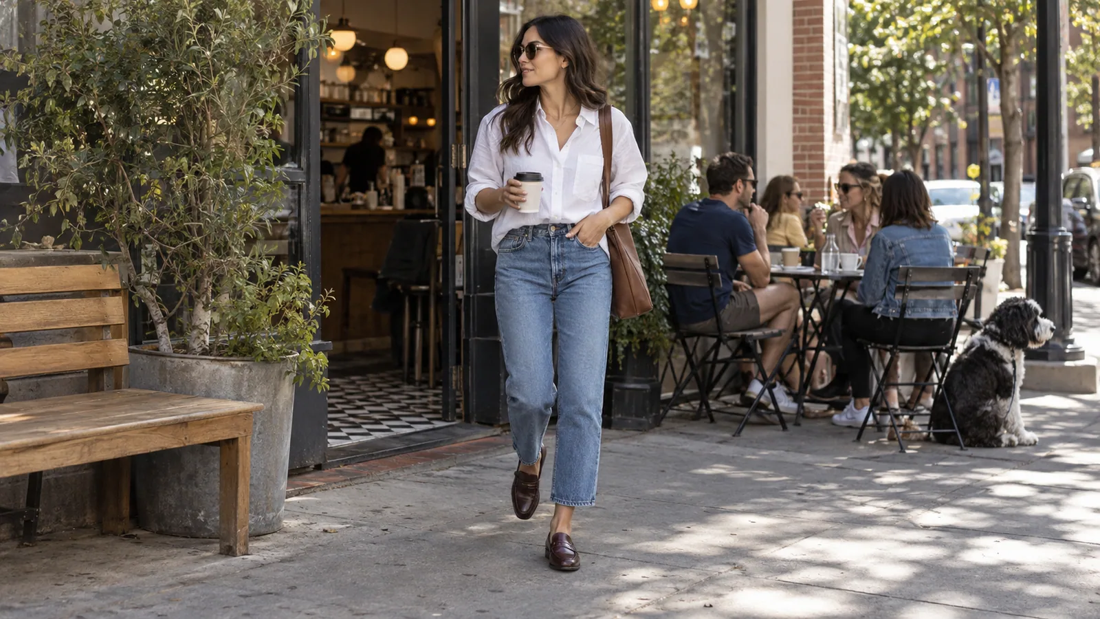 Woman wearing polished loafers with cropped jeans outside a neighborhood café