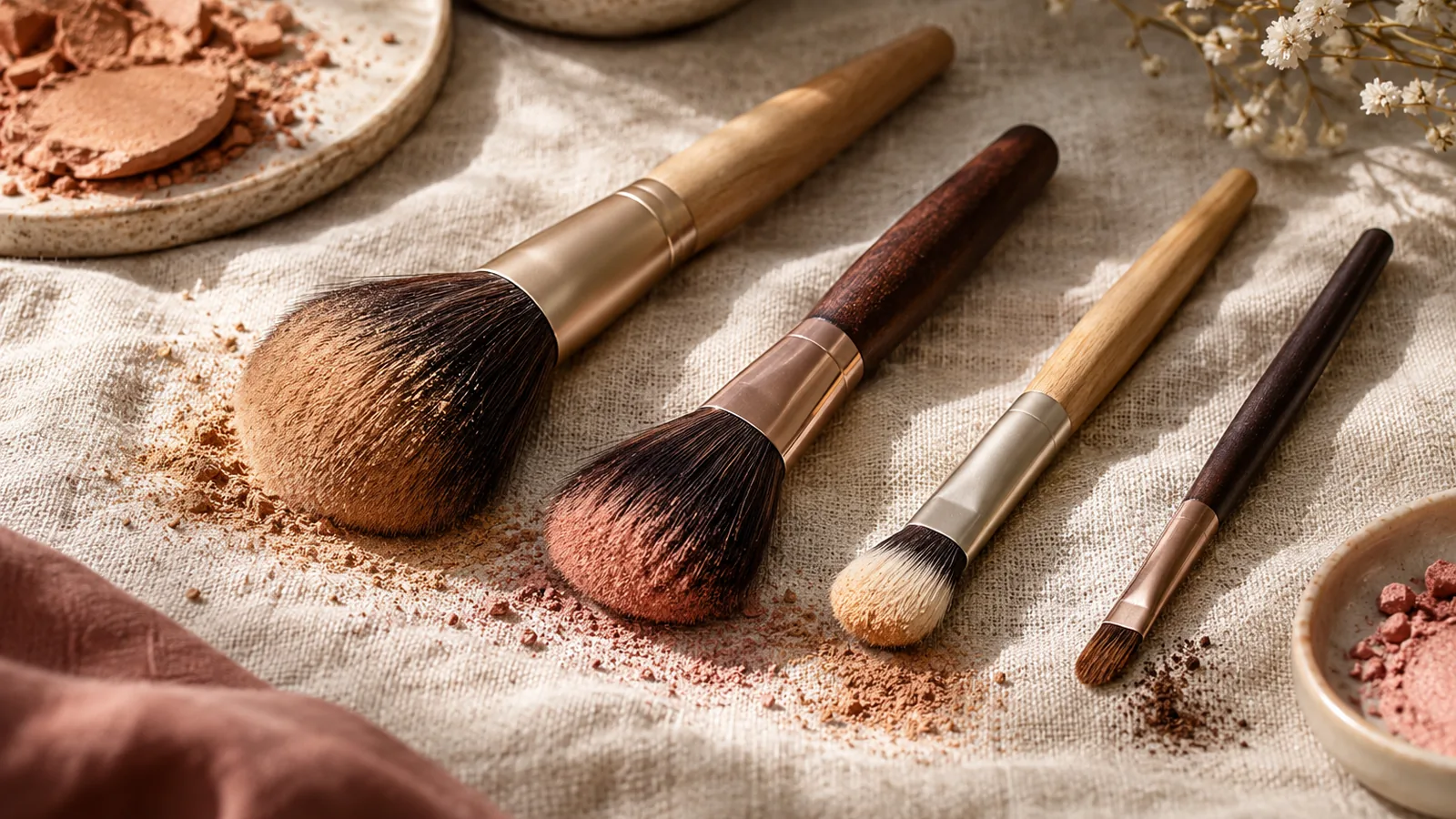 Four essential makeup brushes arranged on textured linen