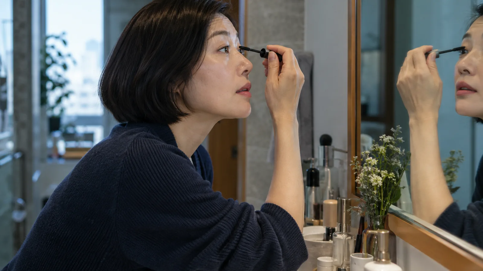 East Asian woman with a short bob applying mascara in side profile