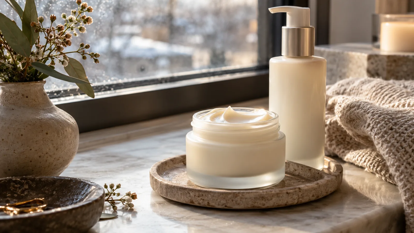Moisturizer jar and lotion bottle beside a cold window