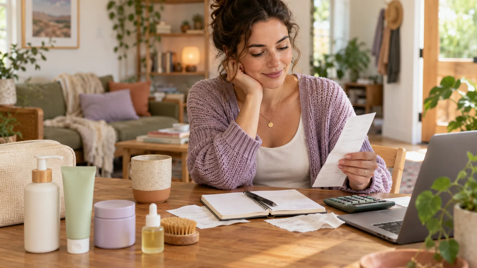 Woman reviewing a personal care budget with products on a desk