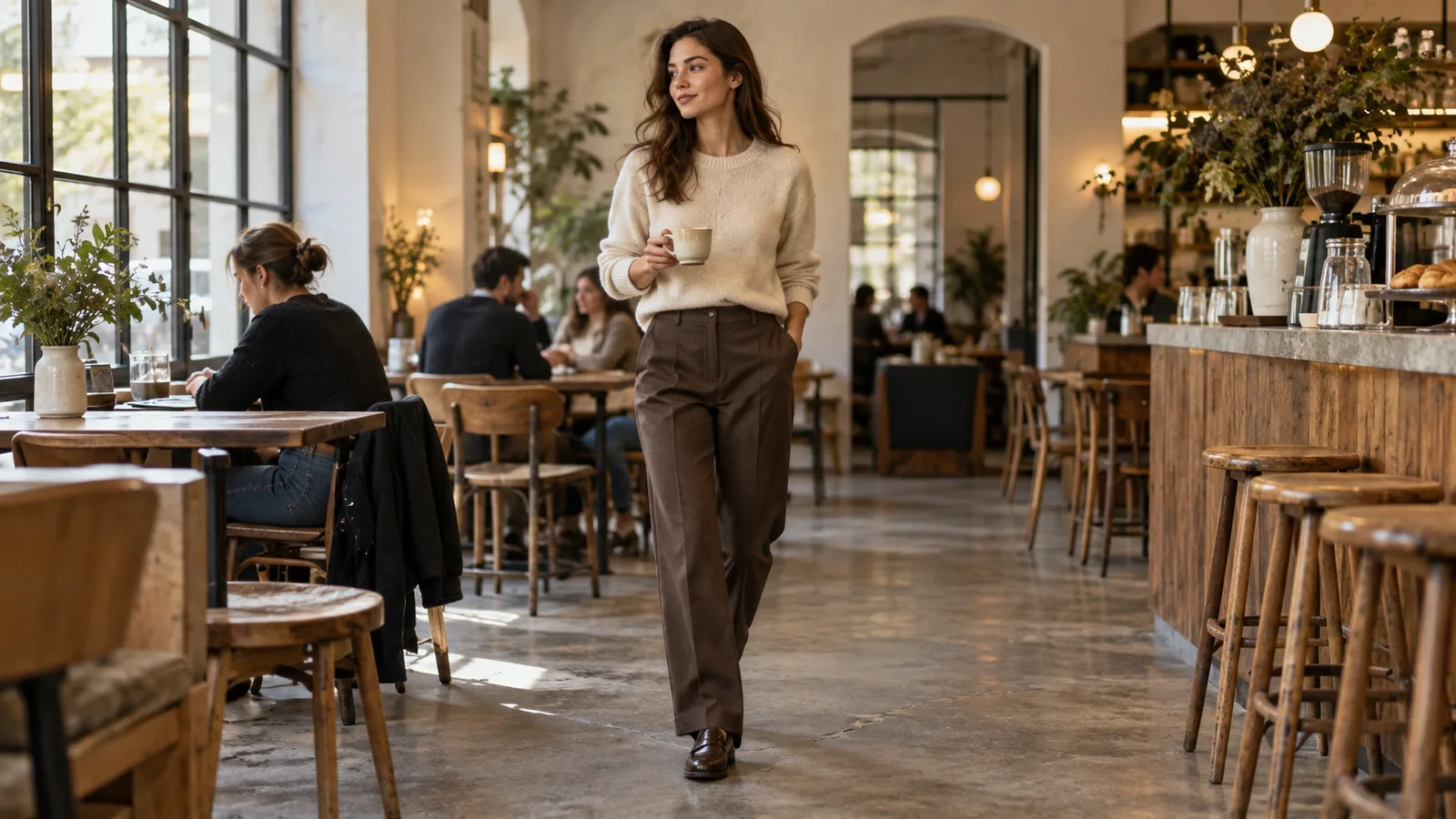 Woman in a cream knit and tailored trousers walking through a bright city café