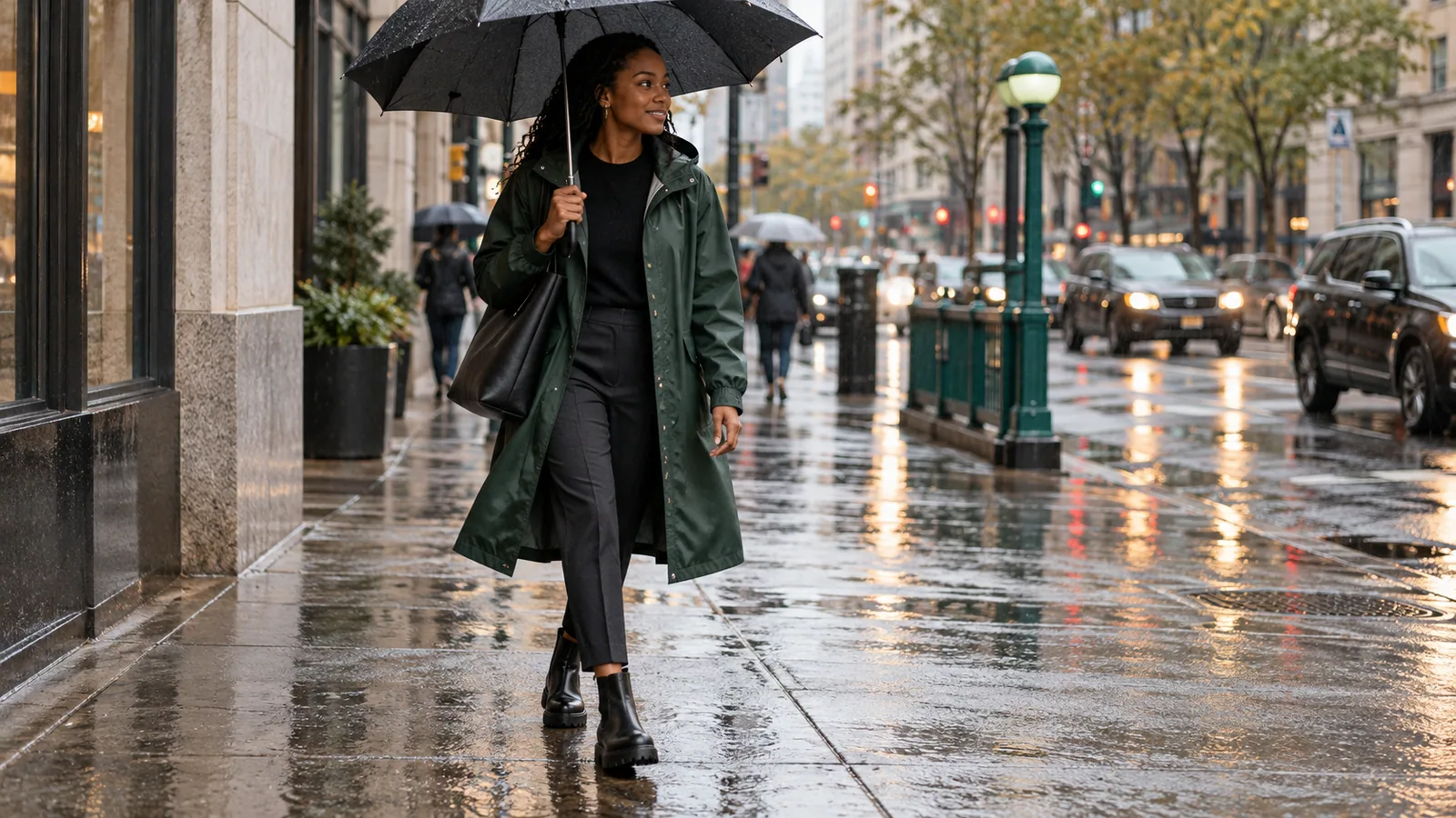 Commuter in a modern raincoat walking with an umbrella on a wet city street