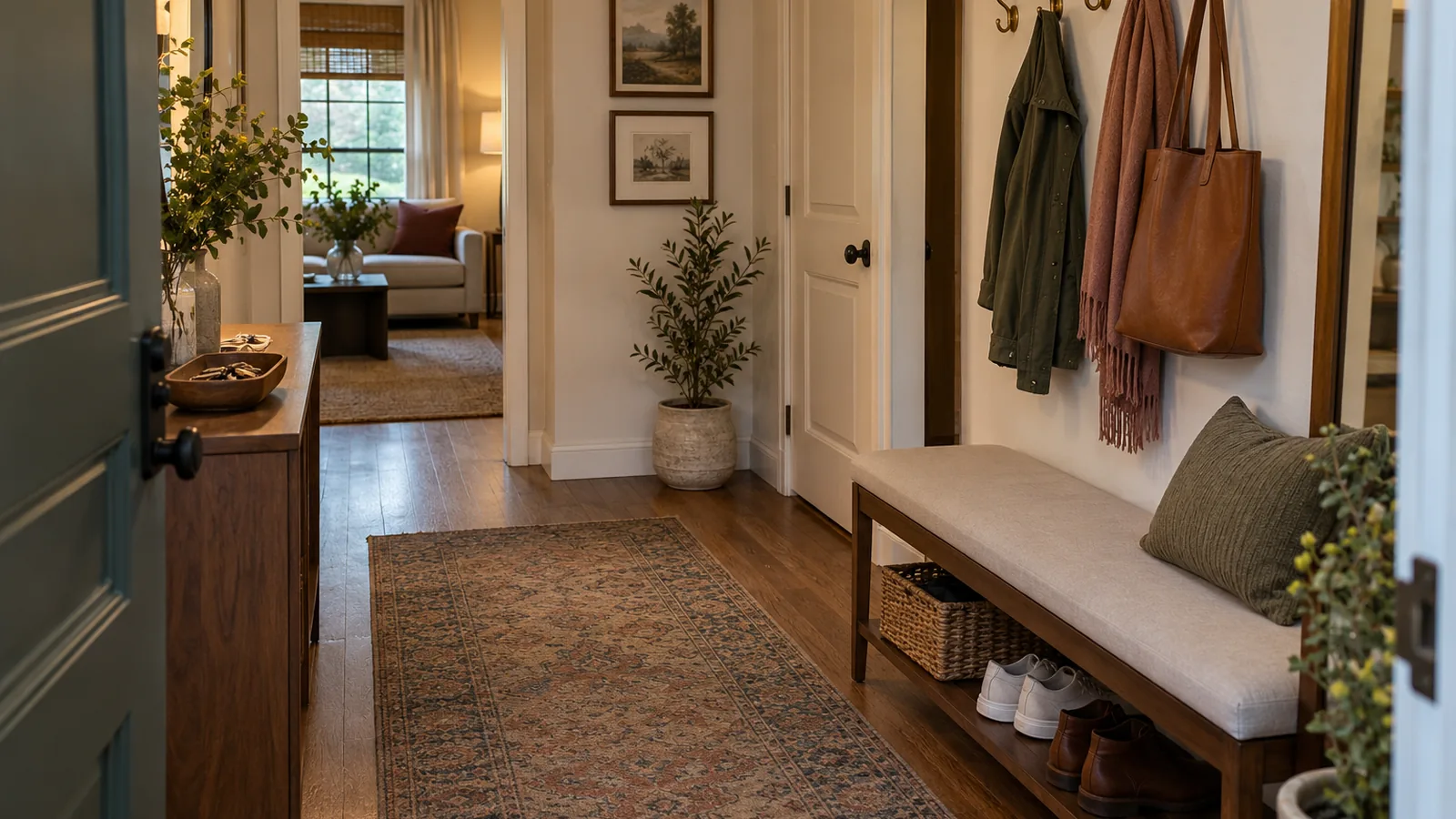 Narrow organized apartment entryway with hooks, bench, shoes, and mat