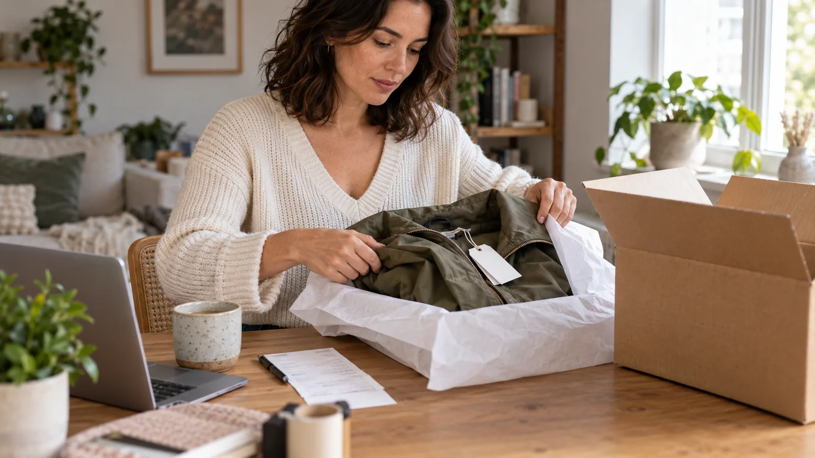 Woman packing an unworn garment carefully for a return at a home desk