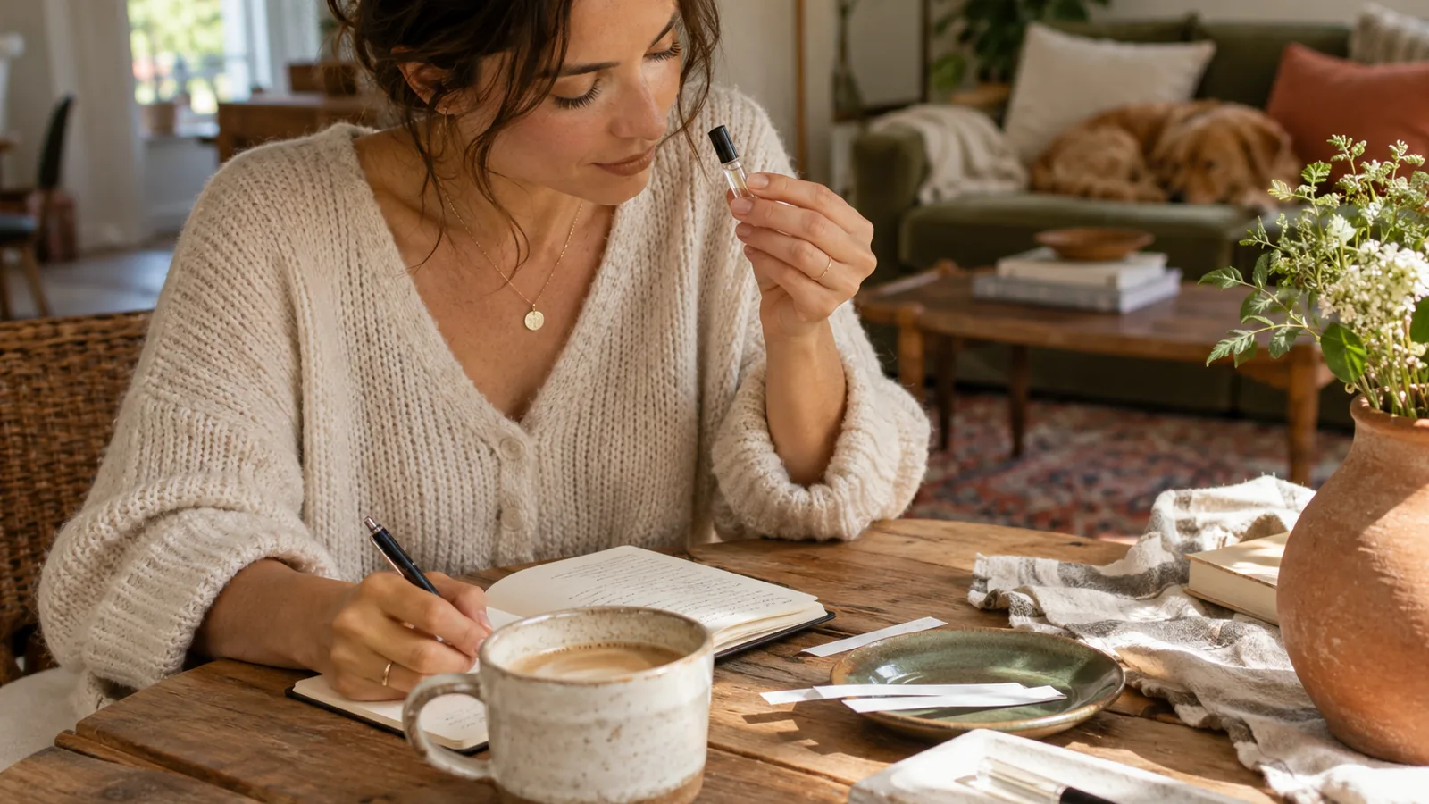 Perfume sample vial and handwritten notes beside a morning coffee