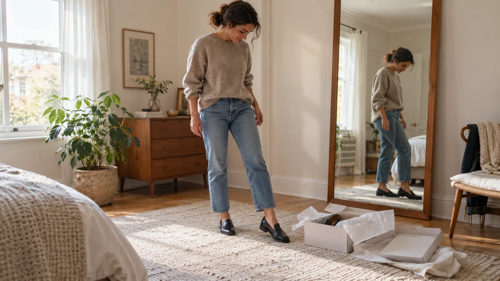 Woman trying on shoes at home beside their open box and full-length mirror