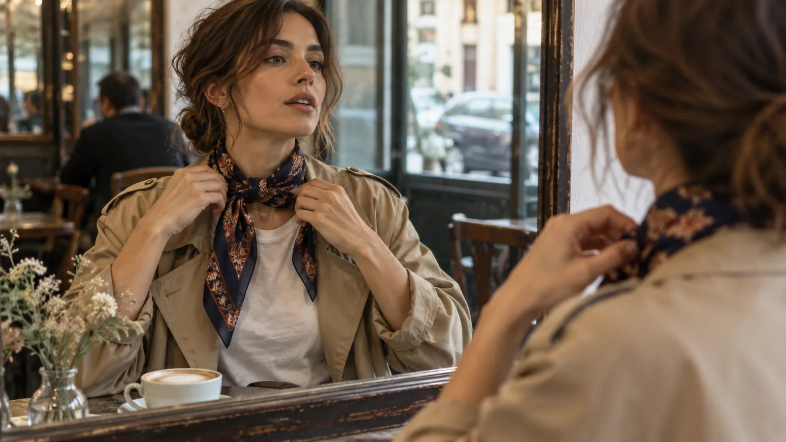 Woman tying a printed silk scarf around her neck at a café mirror