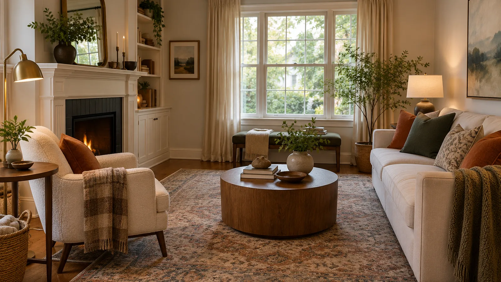 Compact living room with a clear walkway, sofa, chair, and round table