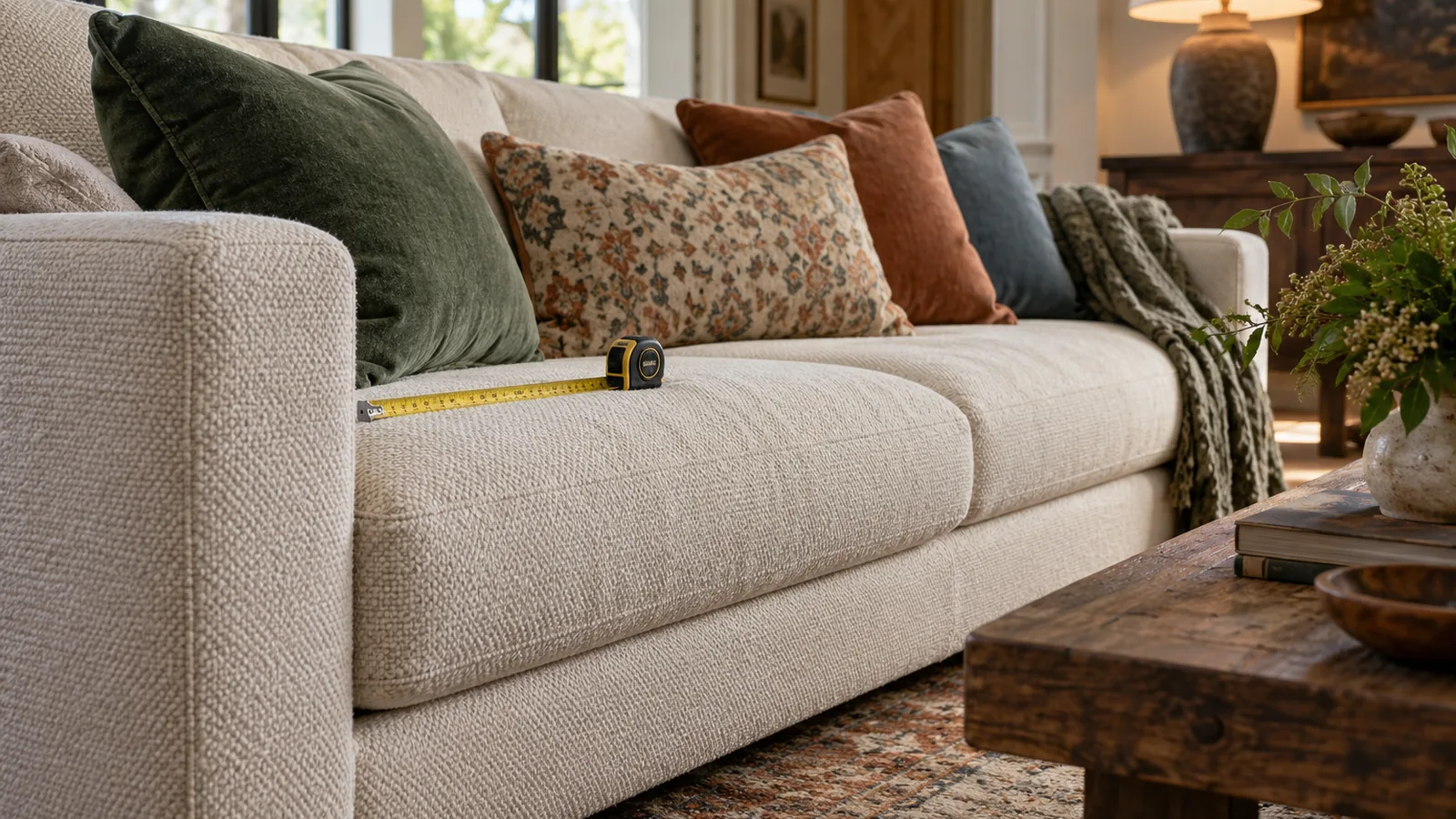 Close view of a sofa cushion, arm, upholstery, and measuring tape