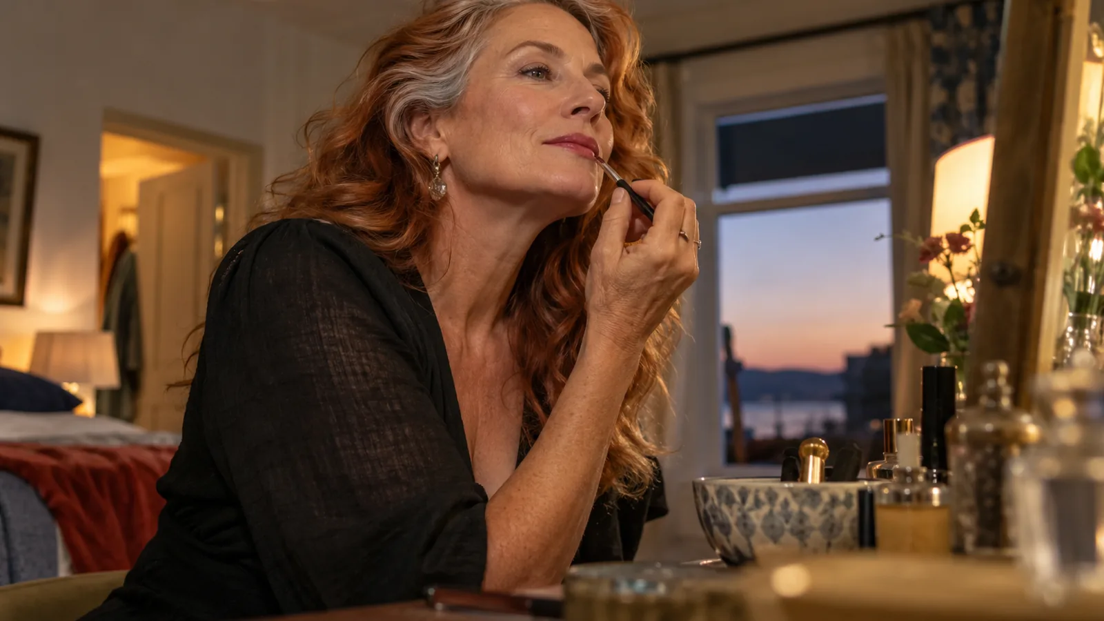 Woman in her fifties refreshing soft evening makeup before dinner