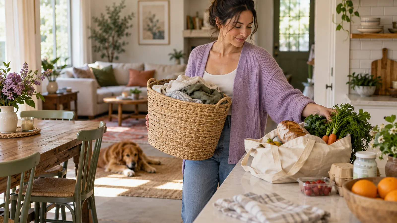 Woman doing a light Sunday home reset with laundry and groceries