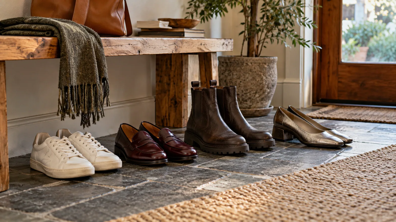 Four versatile pairs of shoes arranged beside an entryway bench