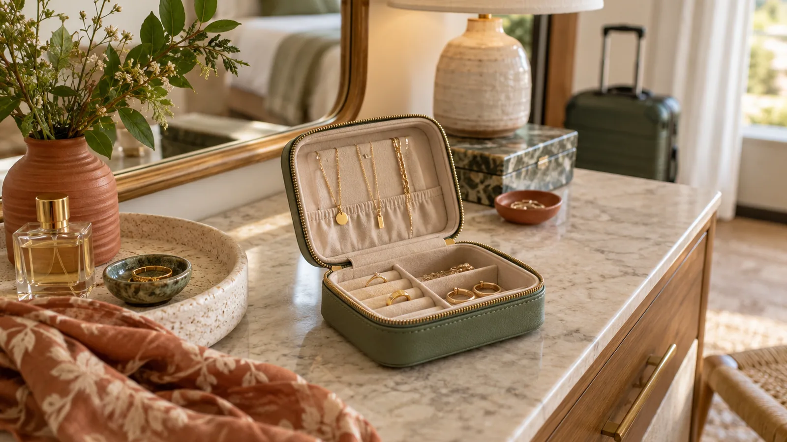 Compact travel jewelry case open on a hotel dresser