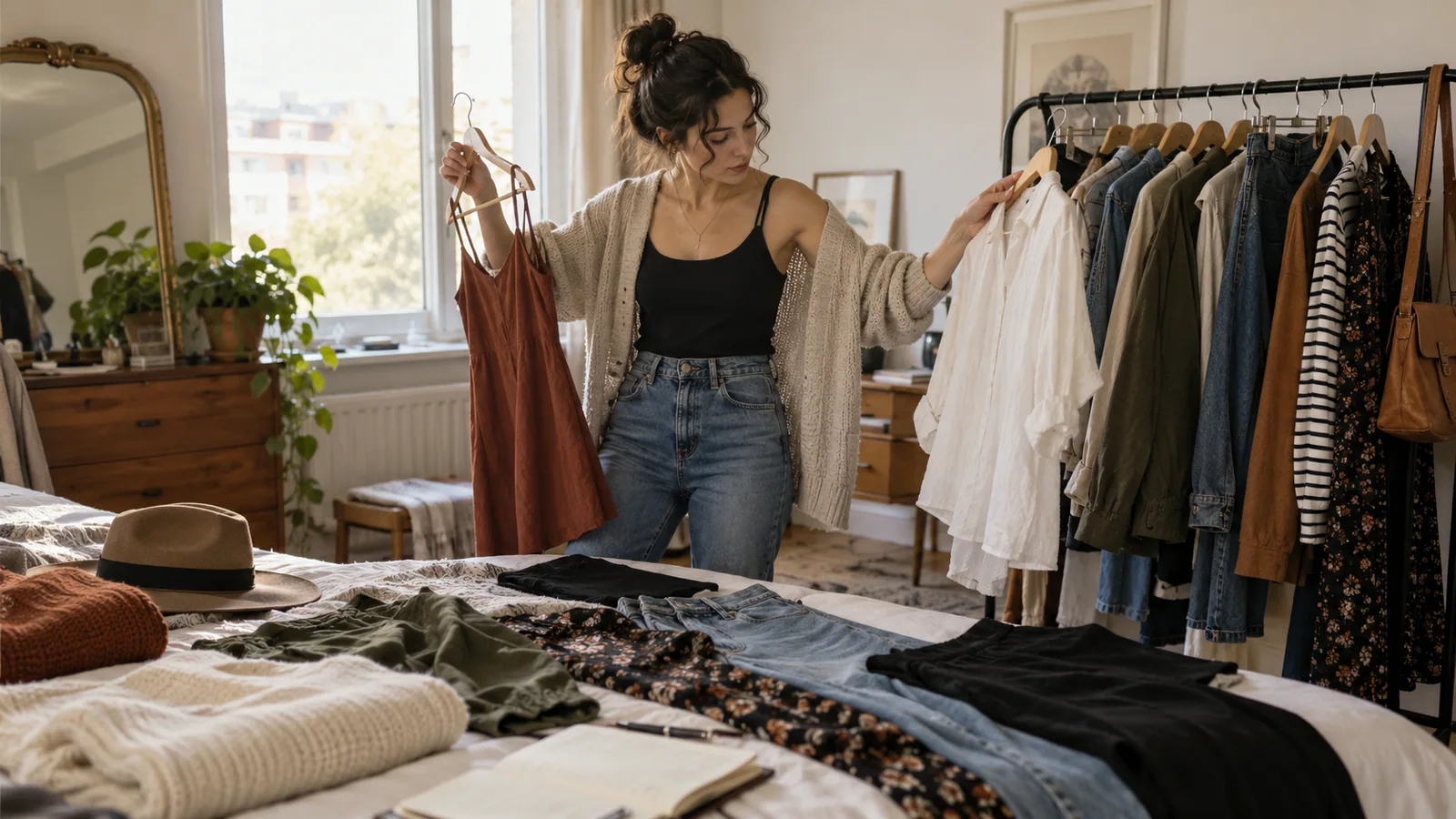 Woman sorting clothes into organized groups on a bedroom rack