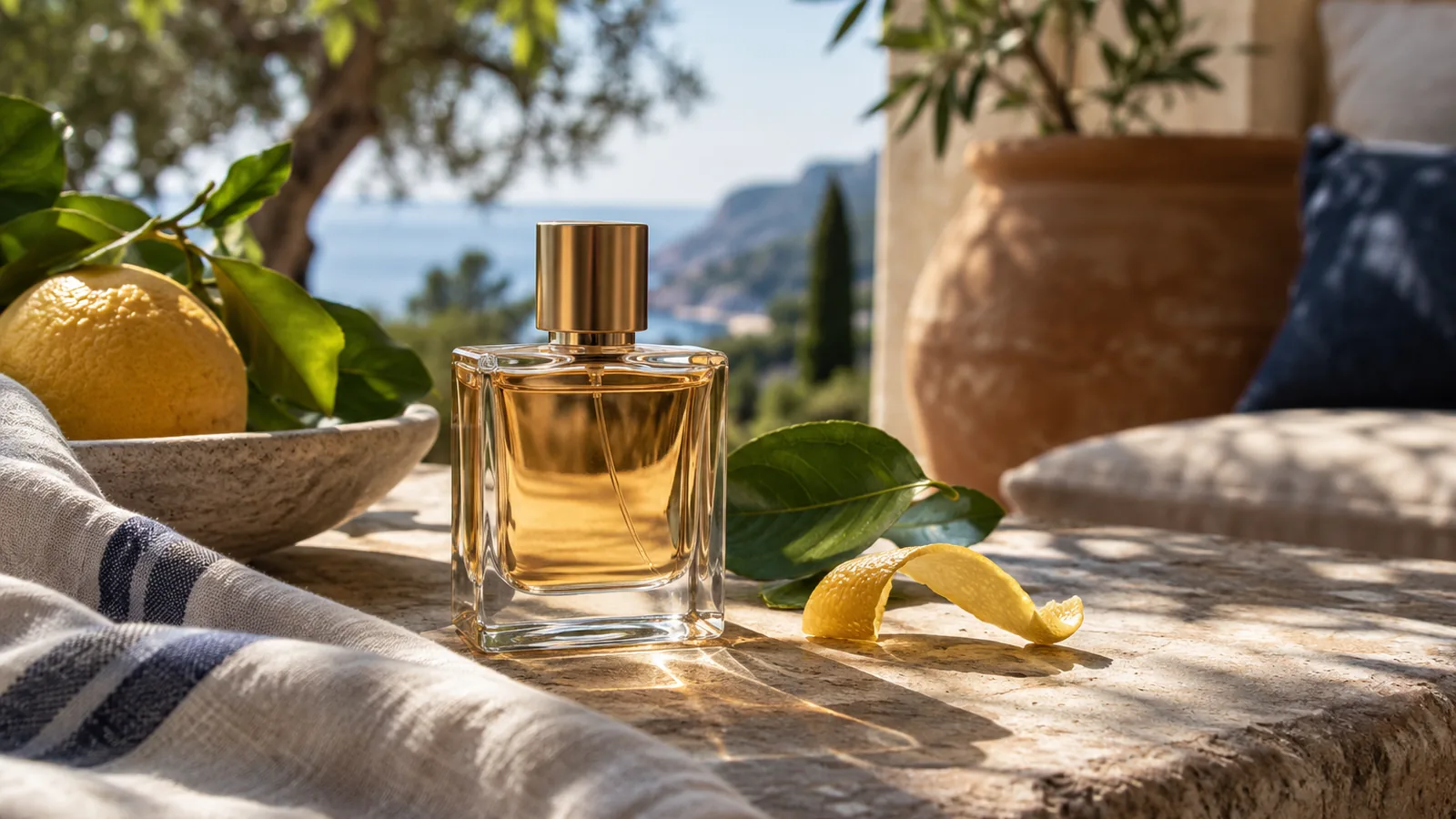 Clear perfume bottle with citrus and green leaves on a shaded terrace