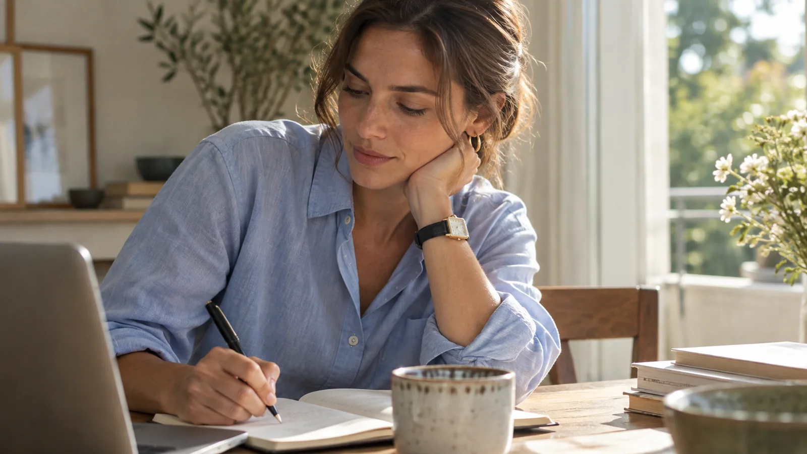 Close lifestyle view of a woman wearing a classic watch with a rolled shirt cuff