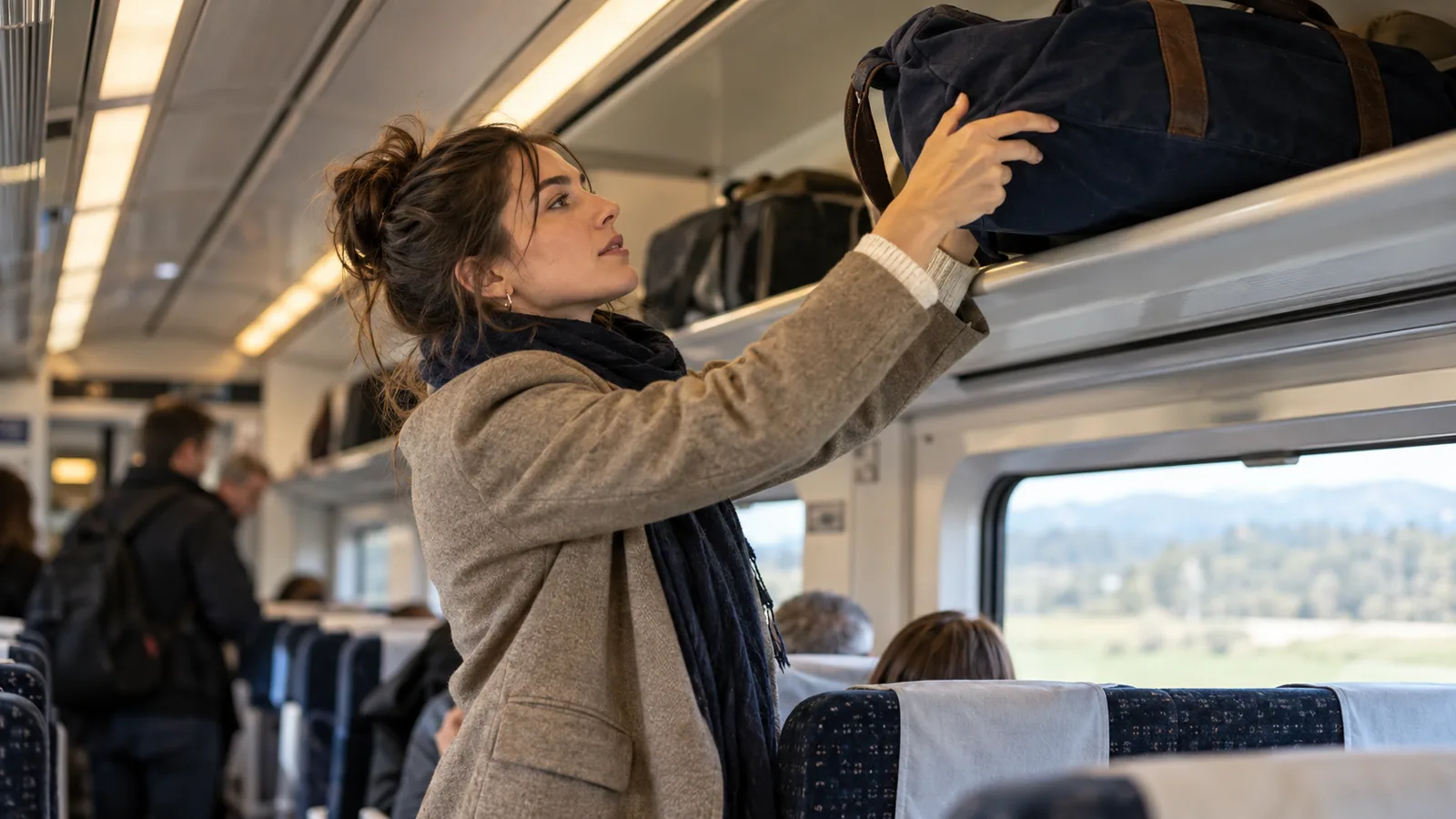 Woman placing a soft weekender bag into a train luggage rack