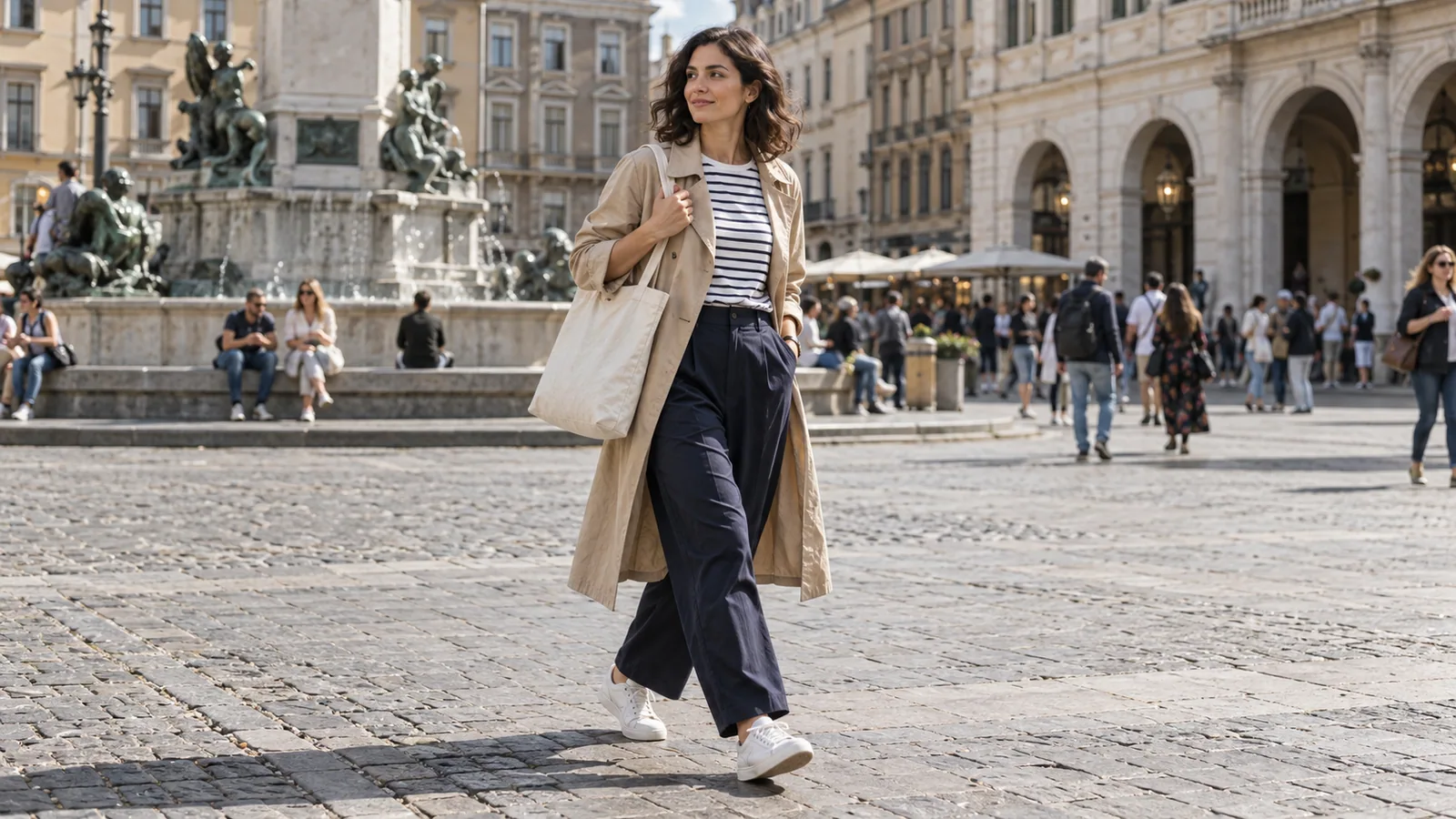 Traveler in white sneakers walking across a city plaza with a canvas tote