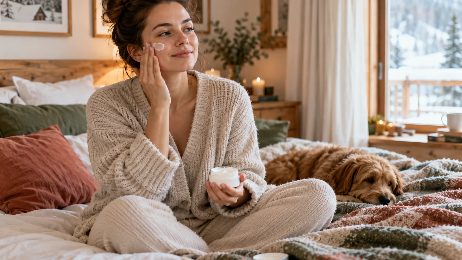 Woman applying hand and face cream in a cozy winter bedroom